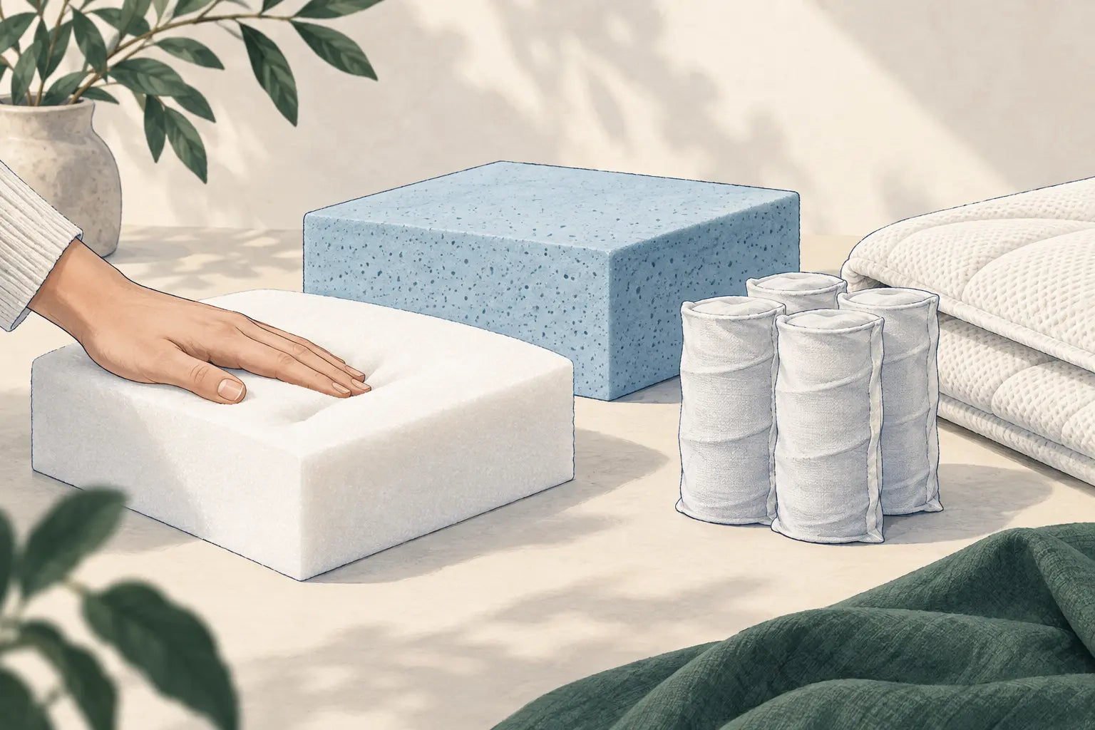 Illustratie van schuimmonsters, afzonderlijk verpakte pocketveren en een witte matrashoes.