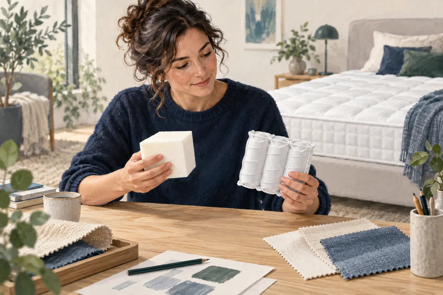 Een vrouw vergelijkt een schuimmonster met afzonderlijk verpakte veren.