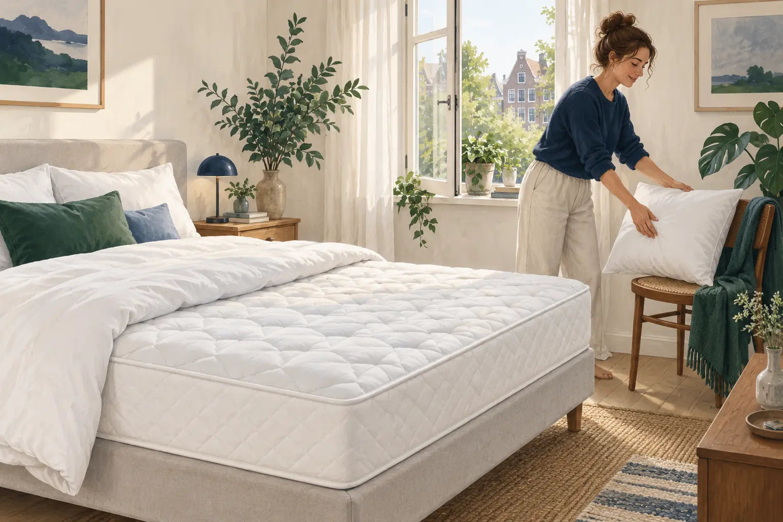 Een slaapkamer met teruggeslagen beddengoed en een open raam.