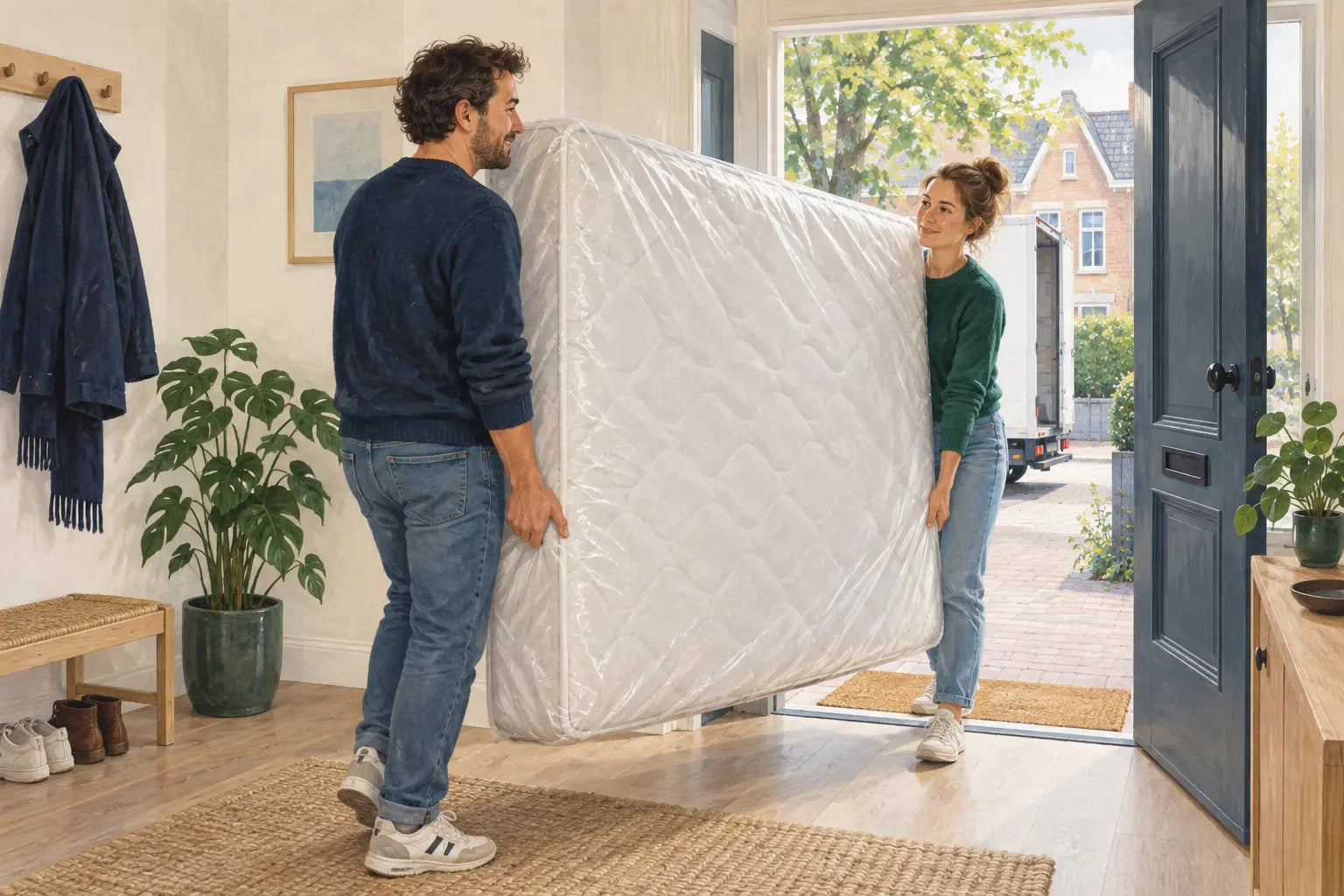 Twee personen verplaatsen een beschermd matras door een deuropening.