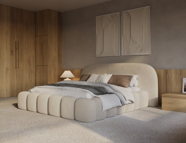 Beige boxspring with storage space from Bedden.nl, featuring a modern bedframe and plush headboard for a stylish bedroom look.
