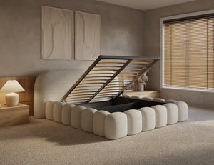 Beige boxspring bedframe with built-in storage, designed by Bedden.nl, featuring a sturdy frame and modern style.