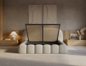 Beige Signature boxspring bed with built-in storage drawers, featuring a modern headboard and sturdy bed frame.