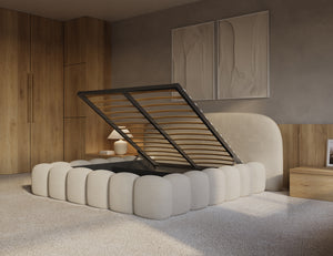 Beige Signature boxspring bedframe with built-in storage drawers from Bedden.nl, showcasing the sleek design and storage space.