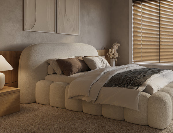 Beige Boxspring bedframe with storage, Signature model by Bedden.nl, featuring a sturdy design and built-in under-bed storage.