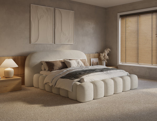 Beige Signature boxspring bedframe with built-in opbergruimte by Bedden.nl, featuring a sturdy wooden frame and plush upholstery.