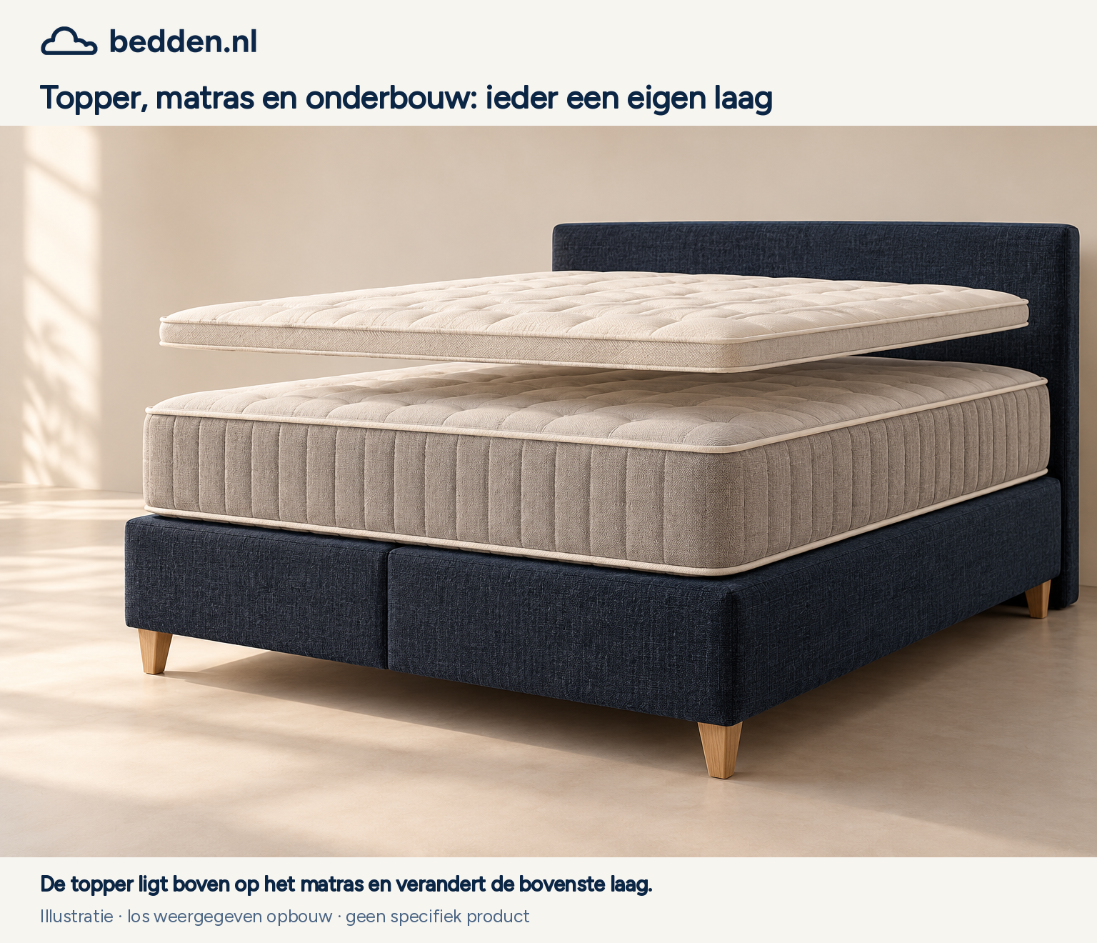 Een los weergegeven topper boven een matras en een gestoffeerde onderbouw.