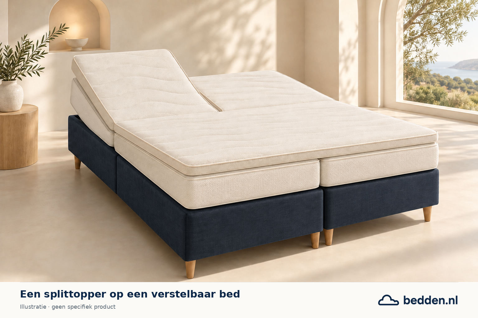 Illustratieve splittopper boven twee matrassen op een verstelbare onderbouw.