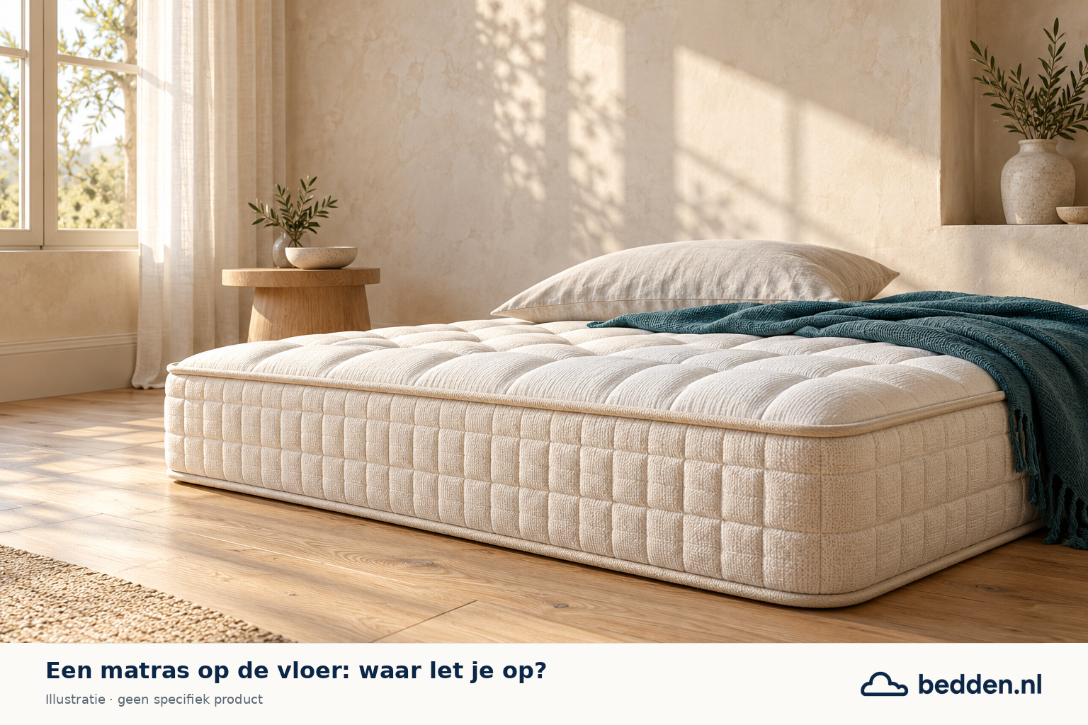 Illustratieve slaapkamer met een matras laag bij de vloer.