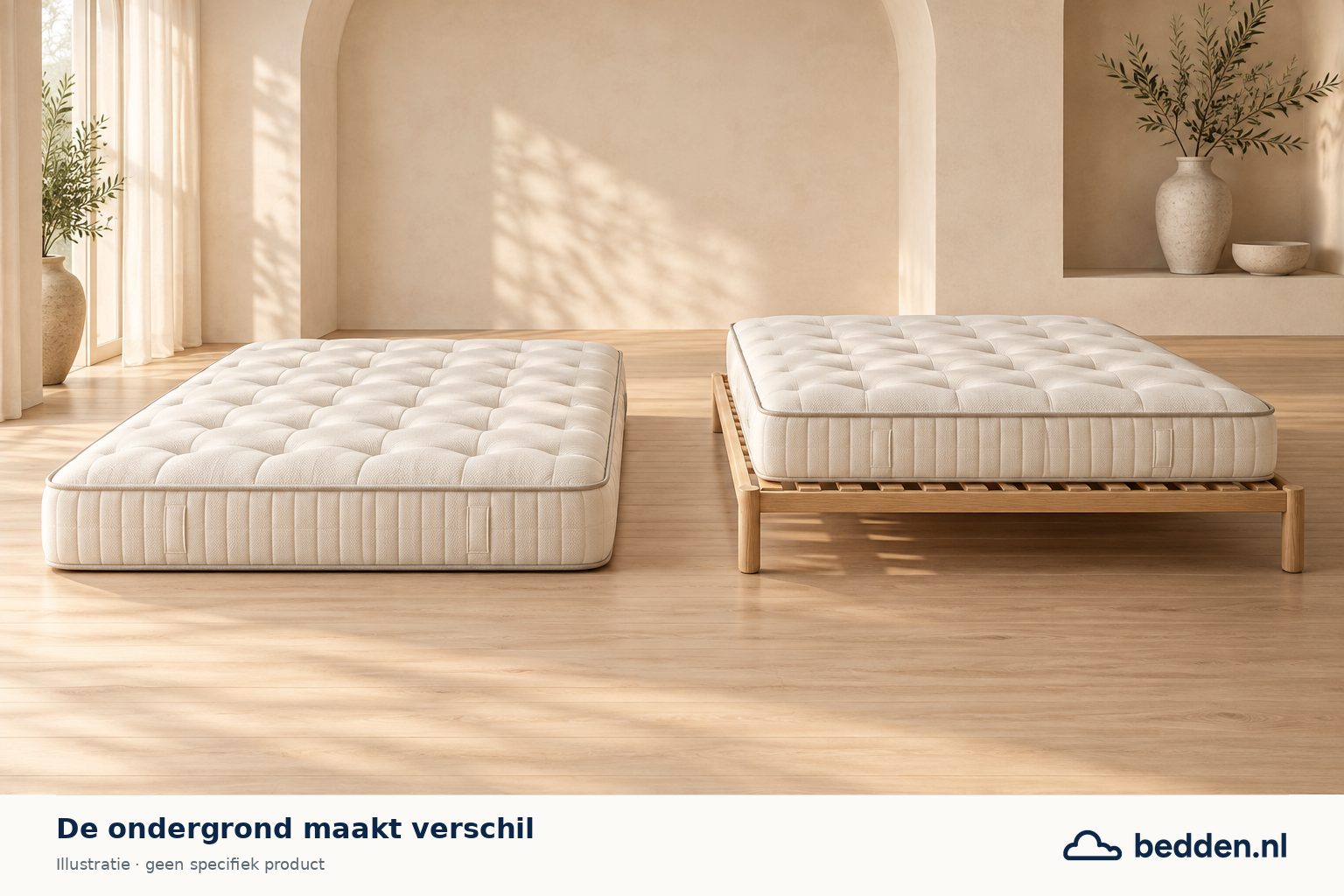 Vergelijking van een matras op de vloer en een matras op een open houten onderbouw.