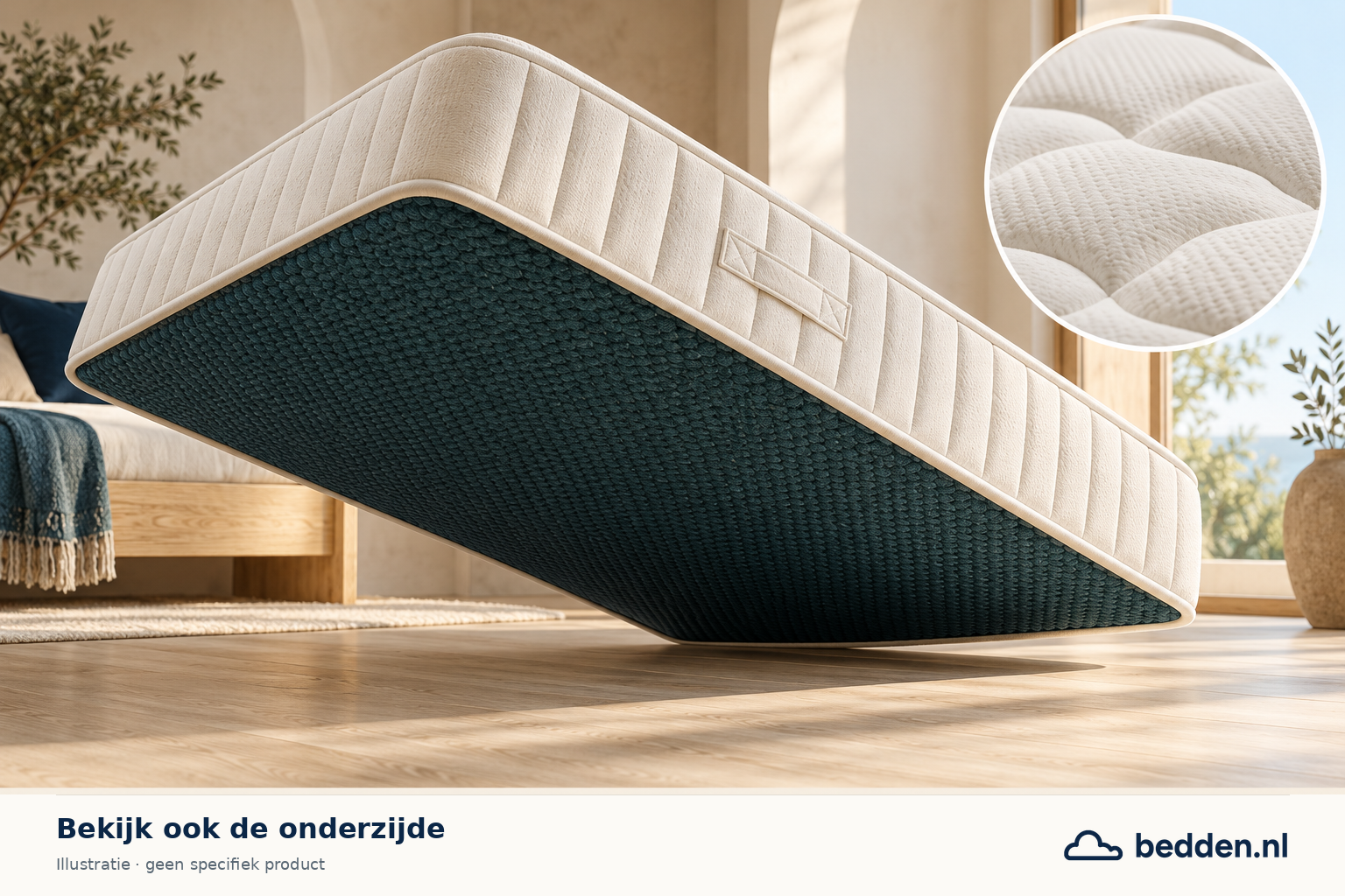 Detailillustratie die aandacht vraagt voor de onderzijde van een matras.