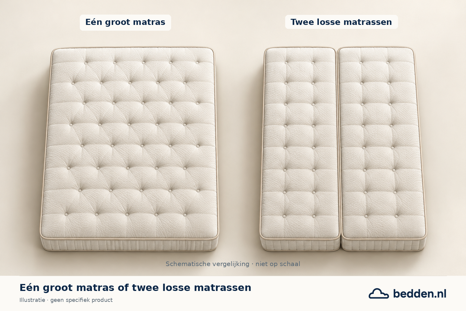 Schematische vergelijking van één groot matras en twee losse matrassen.