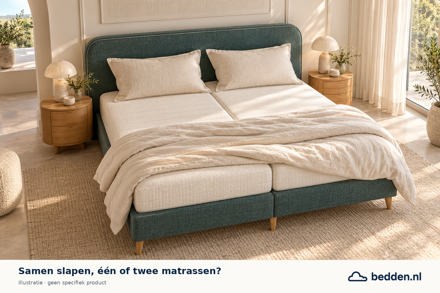 Illustratief gedeeld bed met twee naast elkaar gelegen matrassen.