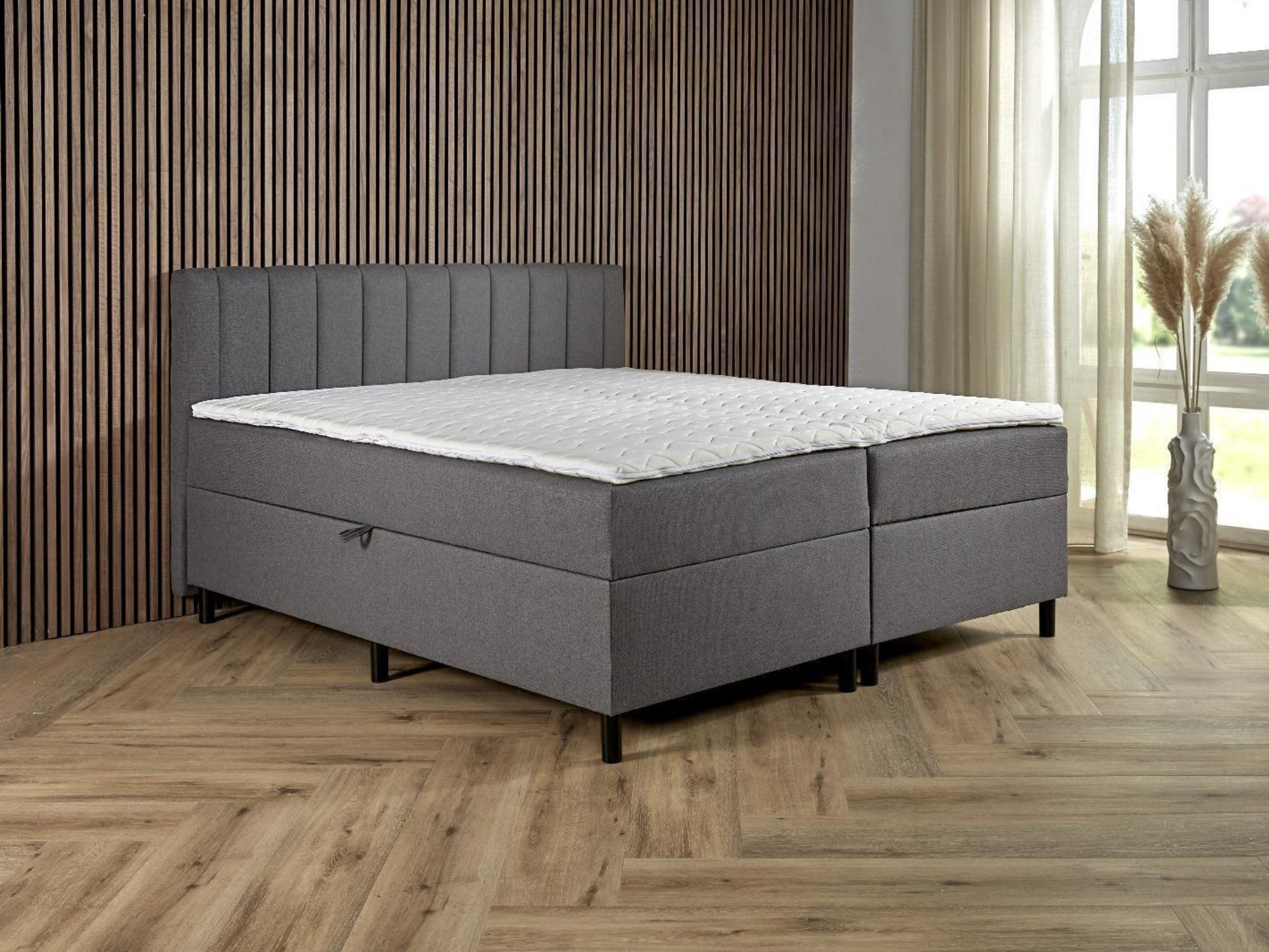 Boxspring Comfort met Opbergruimte – Antraciet – Luxe Verticaal Hoofdbord