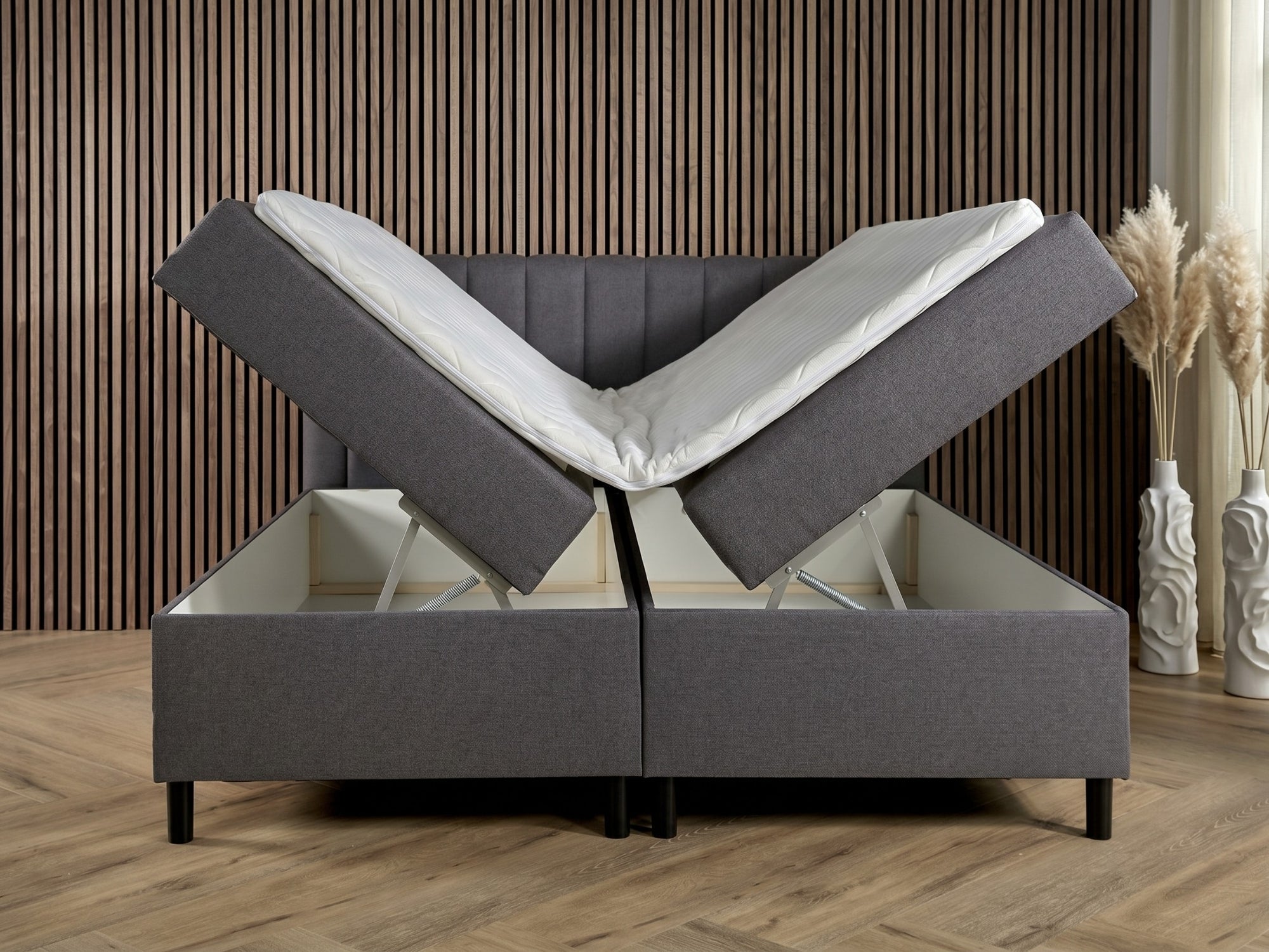 Boxspring Comfort met Opbergruimte – Antraciet – Luxe Verticaal Hoofdbord