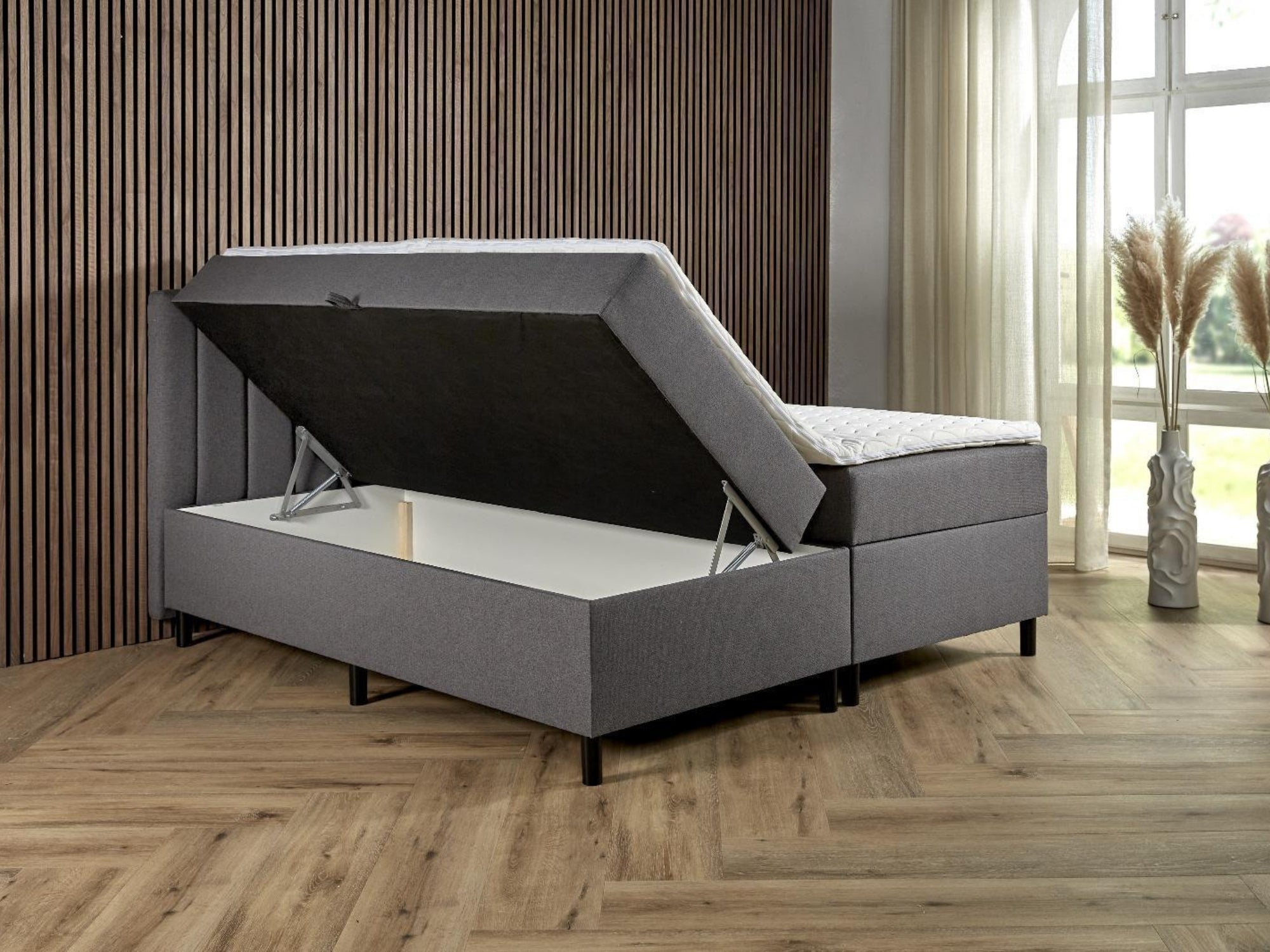 Boxspring Comfort met Opbergruimte – Antraciet – Luxe Verticaal Hoofdbord