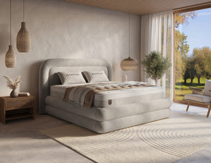 Luxe zandgrijze boxspring bed Halo met opbergruimte, bouclé design en comfort, inclusief matras en montage.
