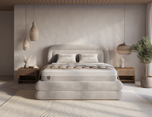 Gray Halo boxspring bed with built-in storage, luxe bouclé fabric, and included mattress and assembly in a modern bedroom setting.