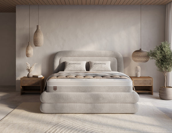 Gray Halo boxspring bed with built-in storage, luxe bouclé fabric, and included mattress and assembly in a modern bedroom setting.