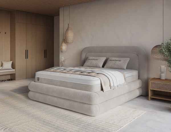 Gray Boxspring Halo with storage, luxe bouclé fabric, and included mattress, featuring elegant design and easy assembly.