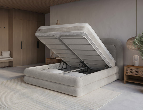 Gray Halo Boxspring with built-in storage, luxe bouclé design, and included mattress, featuring comfortable, modern bed frame.