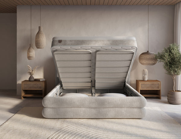 Gray Halo Boxspring bed with built-in storage, luxe bouclé upholstery, including mattress and assembly, from Bedden.nl.