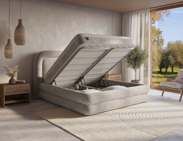 Luxe Halo boxspring bed with bouclé fabric in zandgrijs, featuring built-in opbergruimte and included matras and montage.