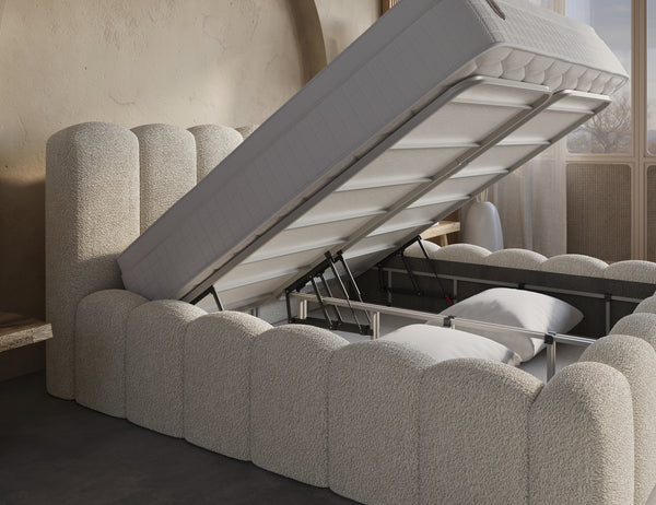 Beige Harmony boxspring bed with built-in storage and mattress, featuring sleek design and included assembly from Bedden.nl.