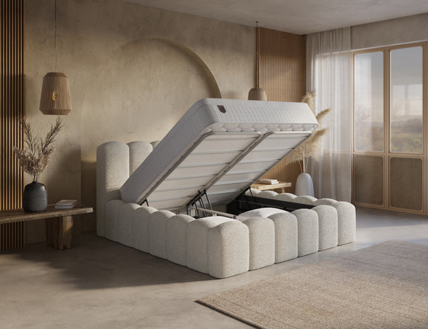Beige Boxspring Harmony with built-in storage, including mattress and easy assembly, offering luxurious comfort and smart storage.