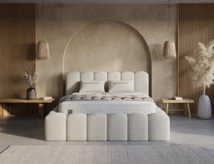 Beige Boxspring met opbergruimte Harmony van Bedden.nl, inclusief matras en montage, comfortabel en slim opbergruimte design.