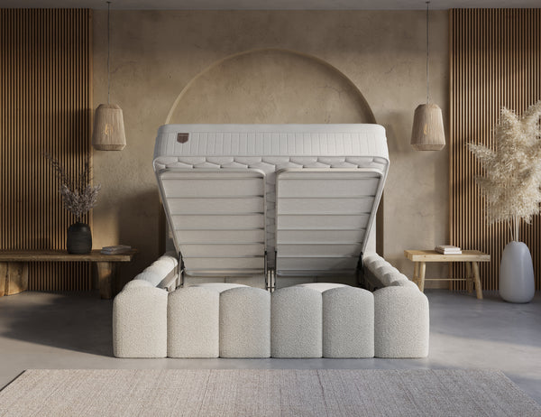 Beige boxspring bed Harmony with built-in storage, included mattress and easy assembly, showcasing sleek and modern design.