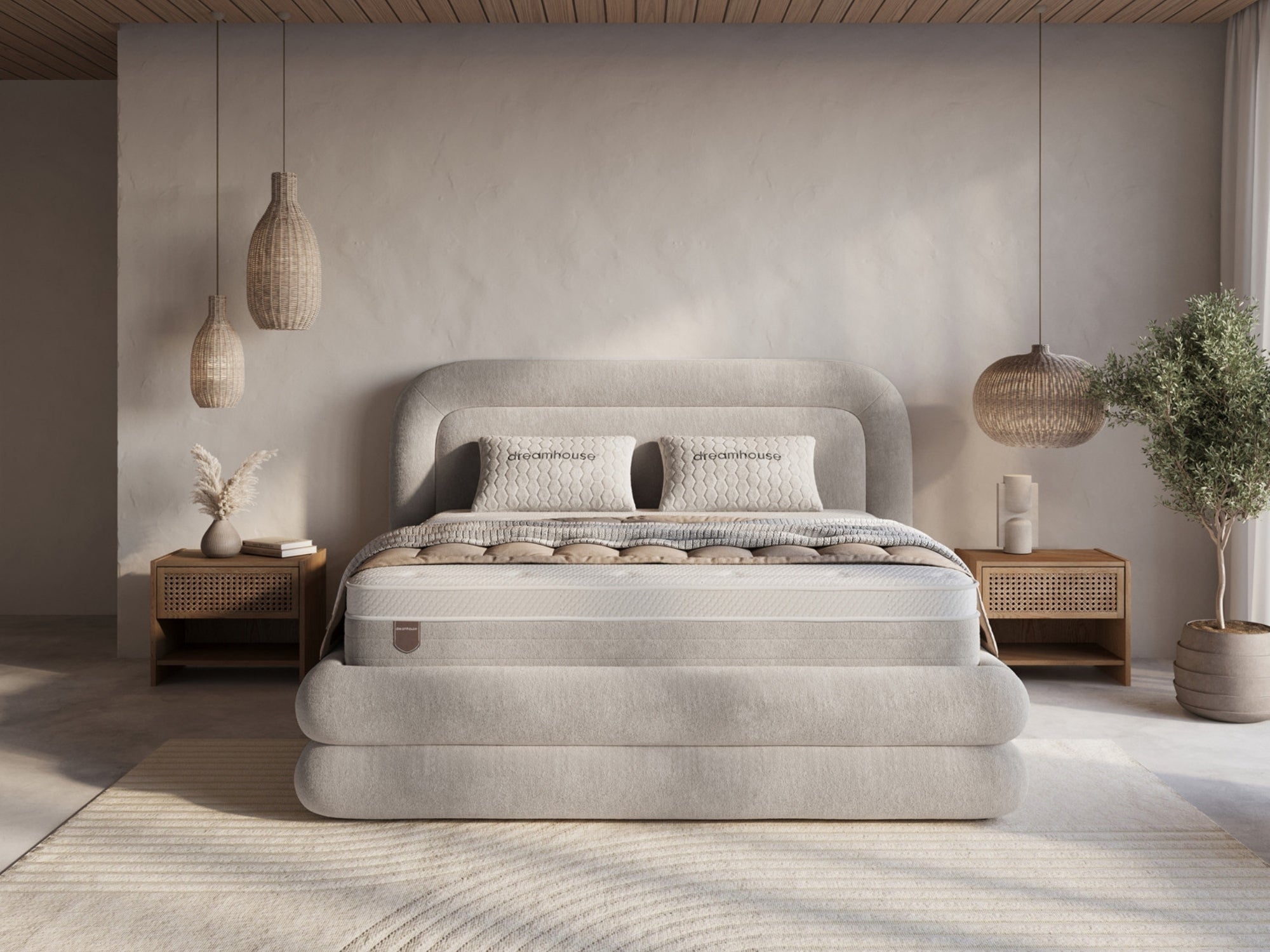 Boxspring Halo met Opbergruimte – Luxe Bouclé Taupe – Incl. Matras & Gratis Montage