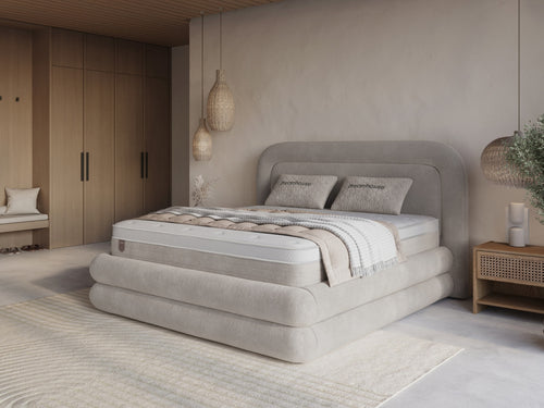 Boxspring Halo met Opbergruimte – Luxe Bouclé Taupe – Incl. Matras & Gratis Montage