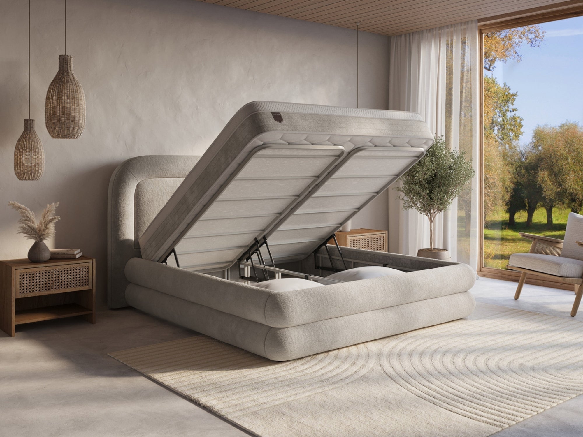 Boxspring Halo met Opbergruimte – Luxe Bouclé Taupe – Incl. Matras & Gratis Montage