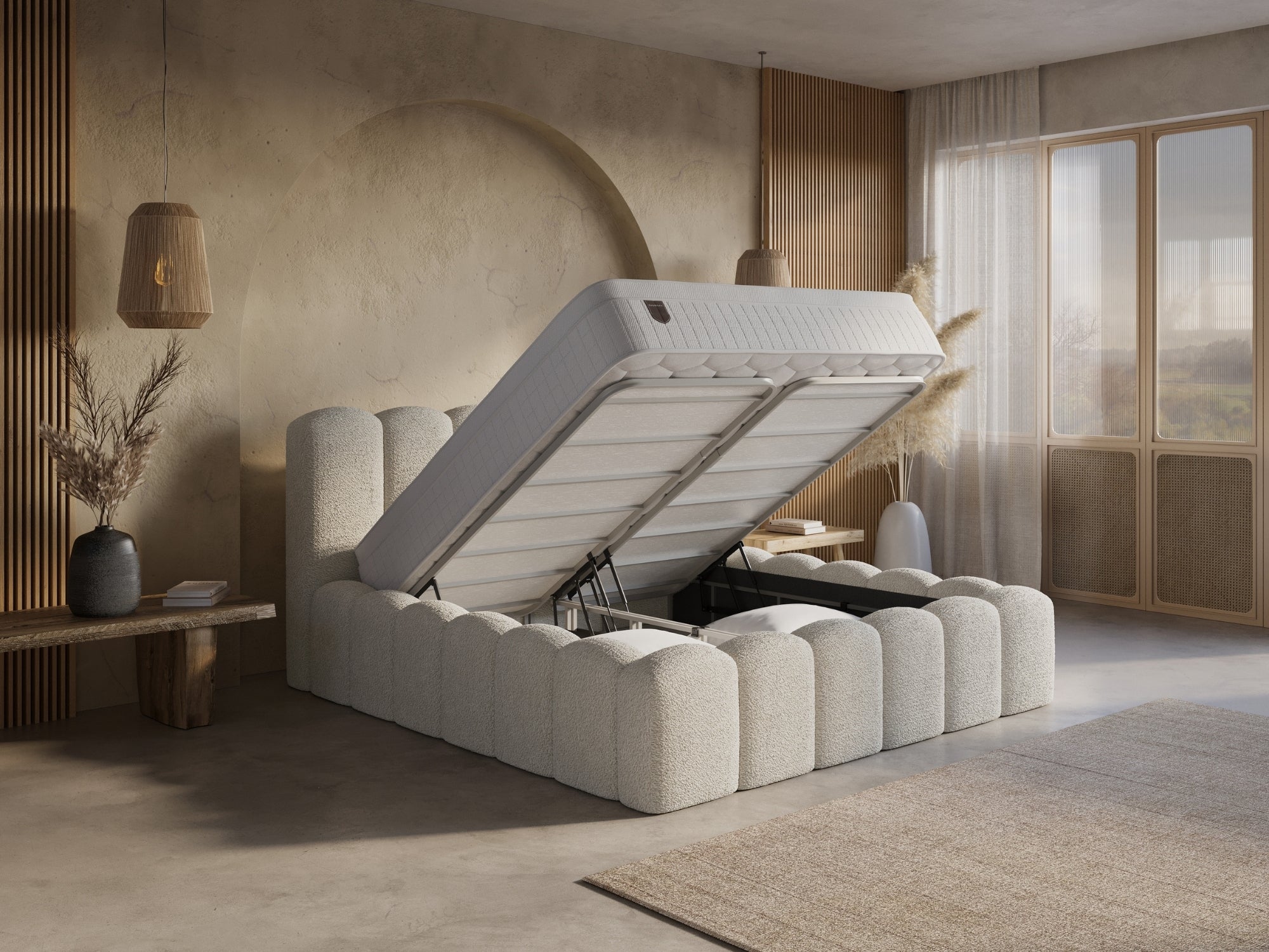 Boxspring Harmony met Opbergruimte – Teddy Bouclé – Incl. Matras & Gratis Montage